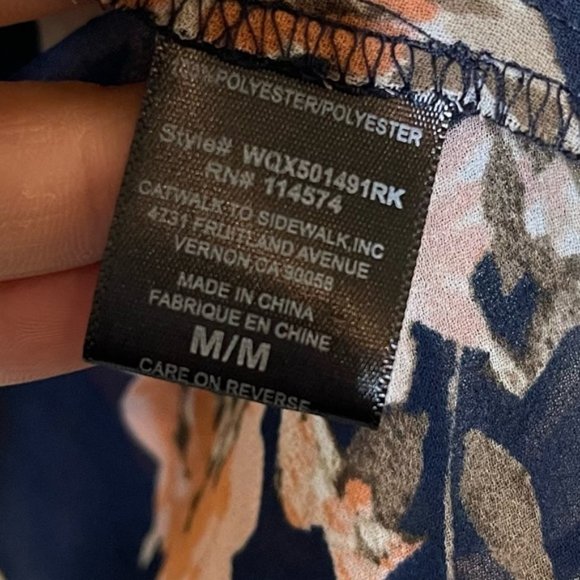 Ro & De Blue Floral Button Tie Neck Blouse Top - Picture 2 of 3